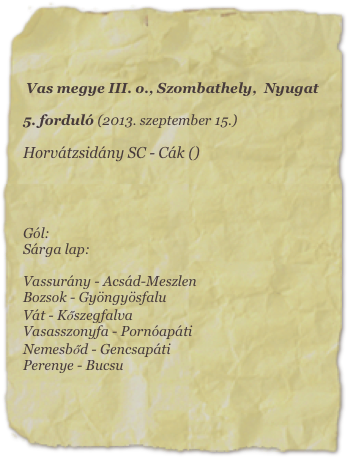 Vas megye III. o., Szombathely,  Nyugat

5. forduló (2013. szeptember 15.)

Horvátzsidány SC - Cák ()




Gól: 
Sárga lap: 

Vassurány - Acsád-Meszlen                                
Bozsok - Gyöngyösfalu                                
Vát - Kőszegfalva                                                         
Vasasszonyfa - Pornóapáti                         
Nemesbőd - Gencsapáti                             
Perenye - Bucsu                                 